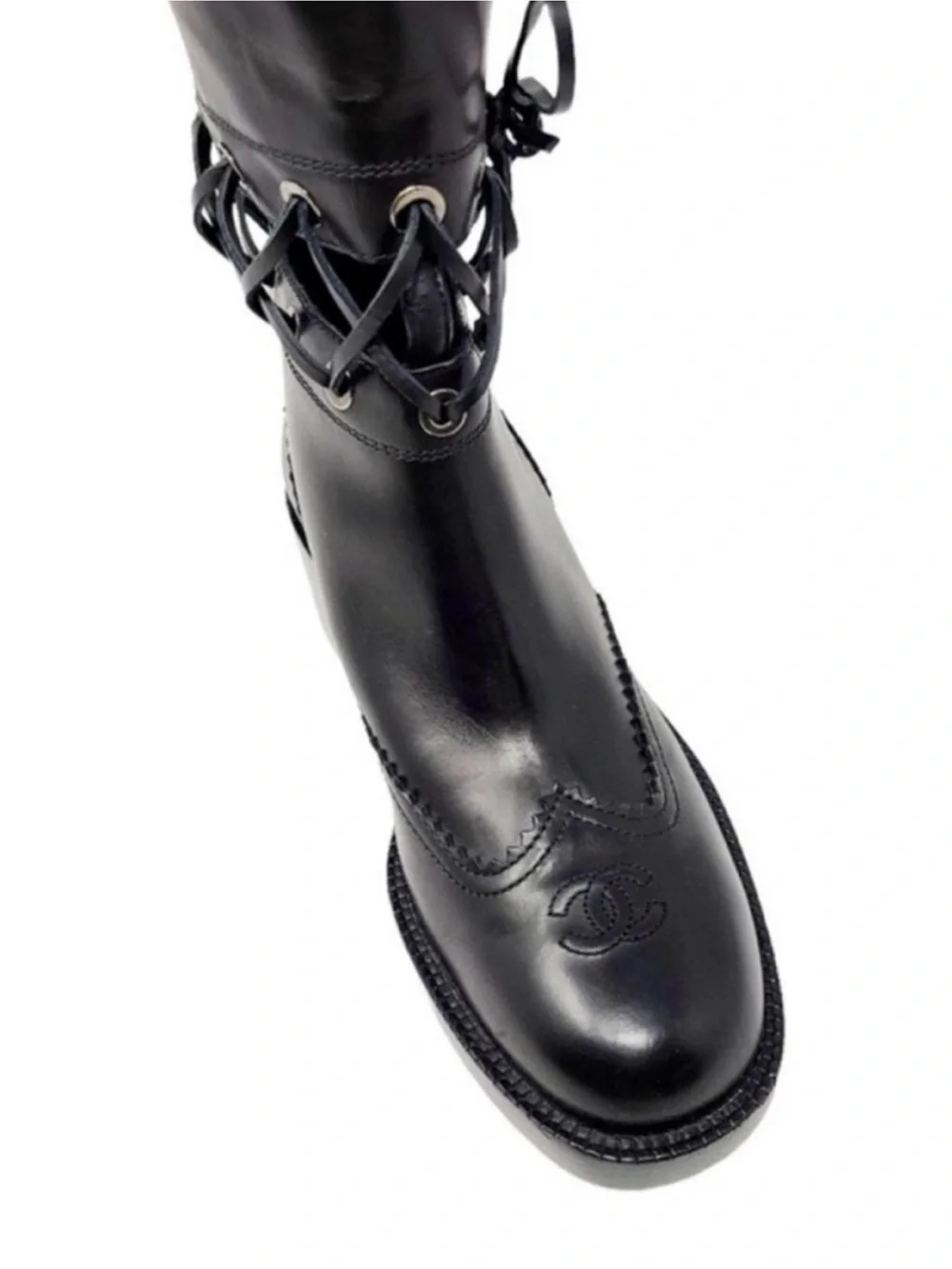 CHANEL Lagerfeld Fall 2016 Black Leather Knee High Laced Equestrian Riding Boot